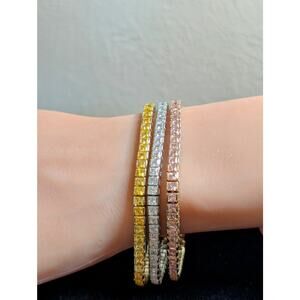 PJM 925 Sterling Pink Yellow Clear Princess Cut Three Strand Tennis Bracelet